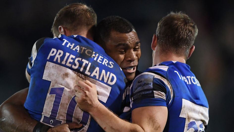 Bath celebrate their victory over Sale Sharks