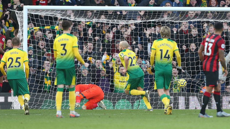 Norwich's Teemu Pukki slots home his penalty against Bournemouth
