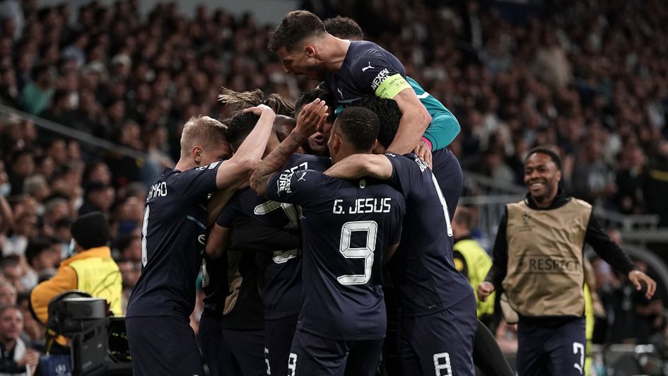 Manchester City celebrate Riyad Mahrez's goal against Real Madrid