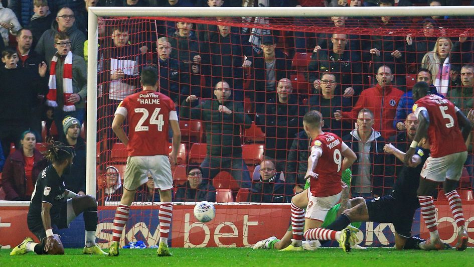 Cauley Woodrow scores Barnsley's equaliser against Bristol City