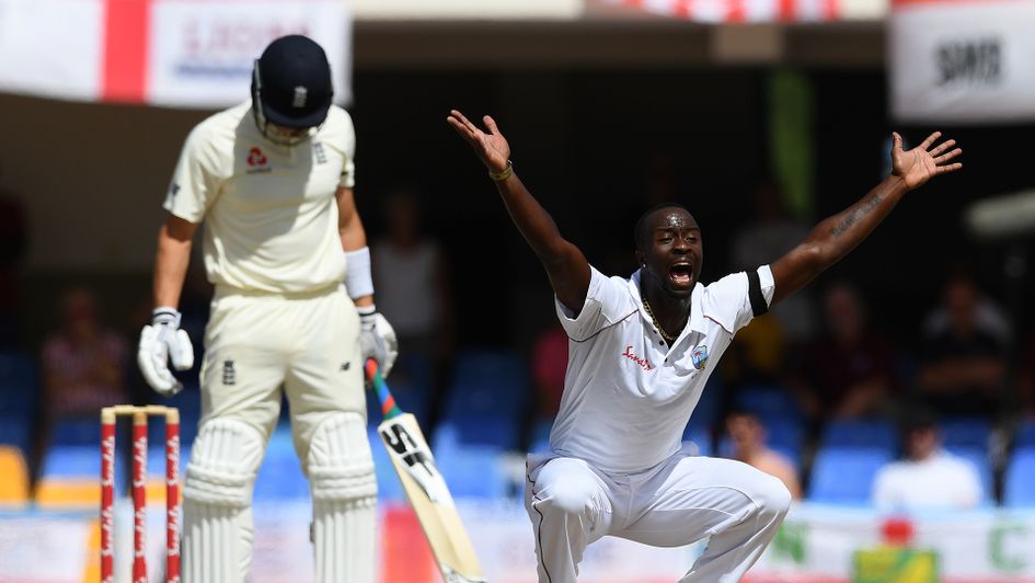 Kemar Roach appeals for the wicket of Joe Denly
