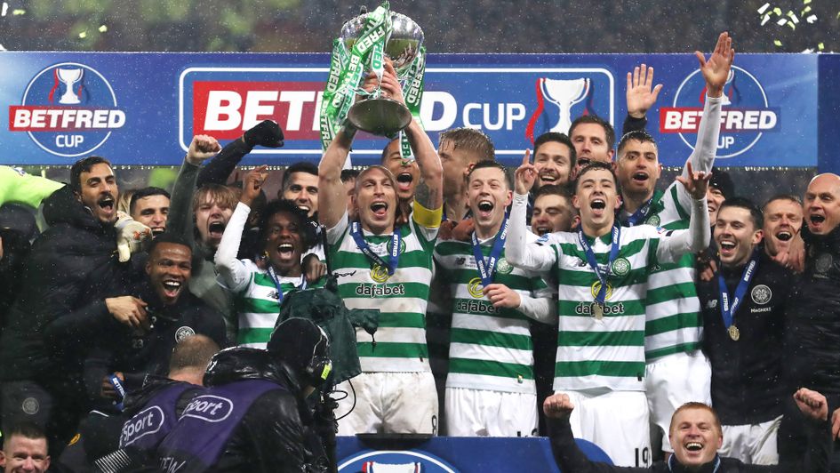 Celtic lift the 2019/20 Betfred Cup at Hampden