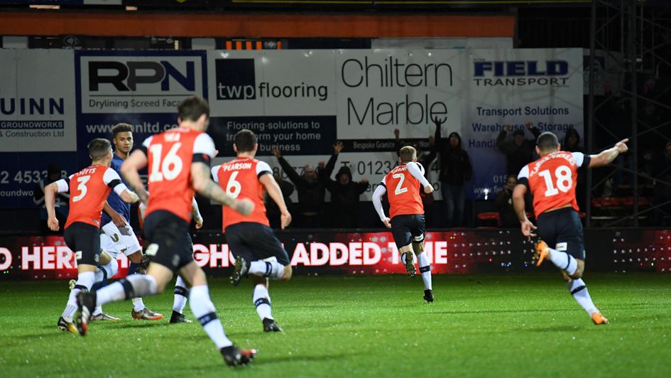 Luton celebrate Martin Cranie's goal in the win over Brentford
