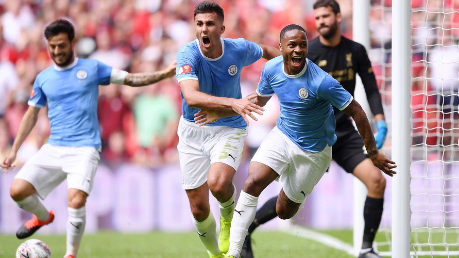 Raheem Sterling scores for Manchester City against Liverpool in the Community Shield