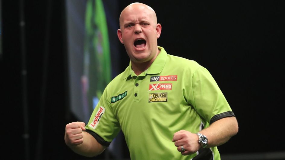MVG celebrates at the Champions League of Darts (Pic: Lawrence Lustig)