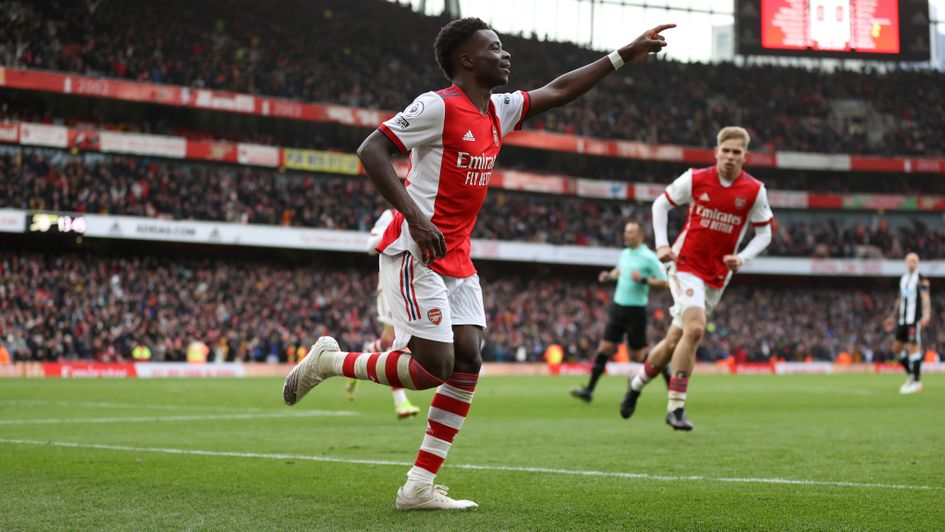 Bukayo Saka celebrates his opening goal against Newcastle