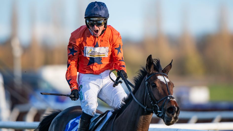 Tristan Durrell celebrates as Panic Attack wins the Coral Gold Cup