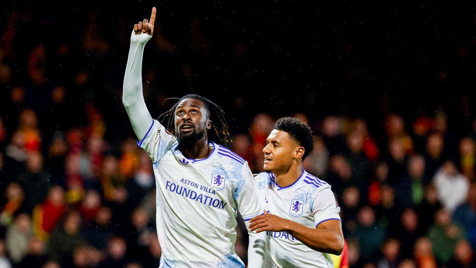 Evann Guessand celebrates scoring for Aston Villa