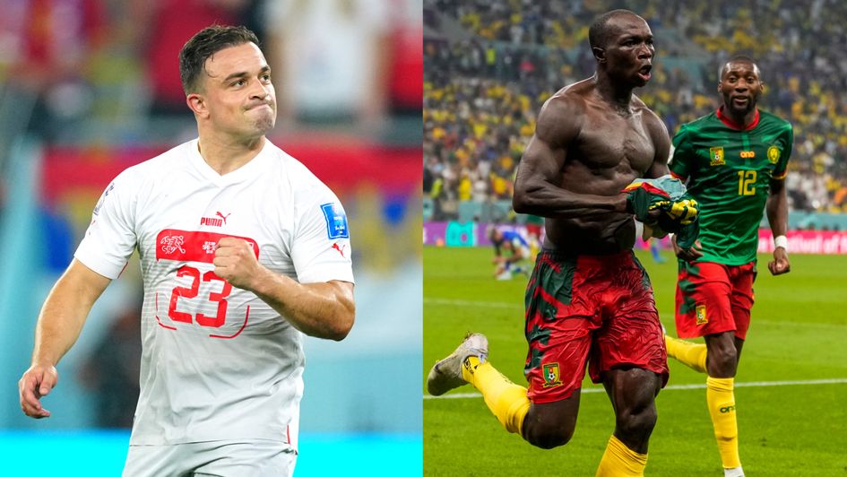 Xherdan Shaqiri helped Switzerland into the last 16 while Vincent Aboubakar scored late for Cameroon to beat Brazil