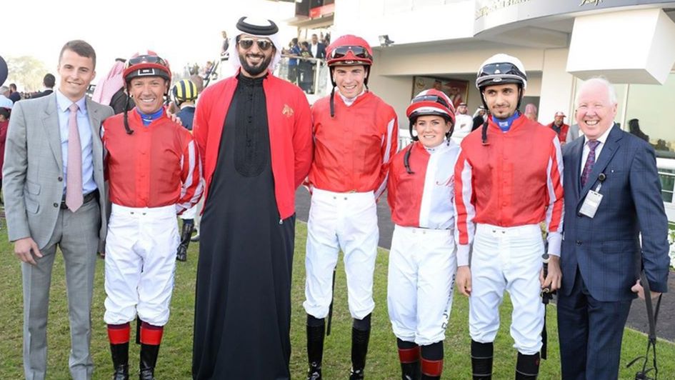William Buick, Frankie Dettori, HH Shaikh Nasser bin Hamad Al Khalifa, James Doyle, Rosie Jessop, Rahim Jasim and Allan Smith