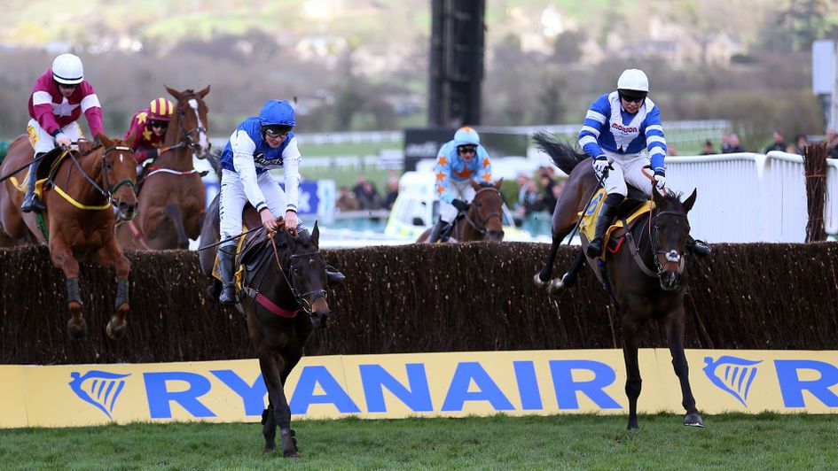 Frodon (far right) jumps the last alongside Aso