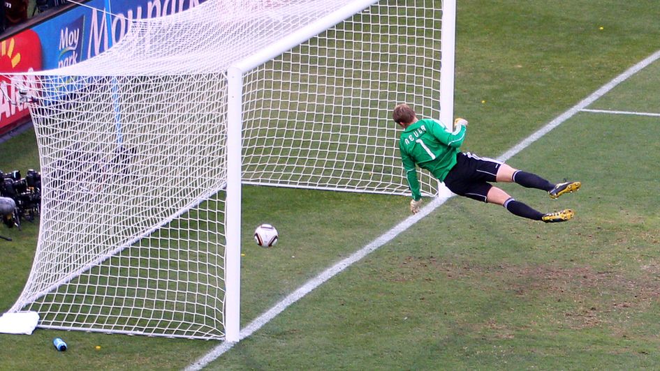 Manuel Neuer watches the ball bounce over the line from Frank Lampard's shot