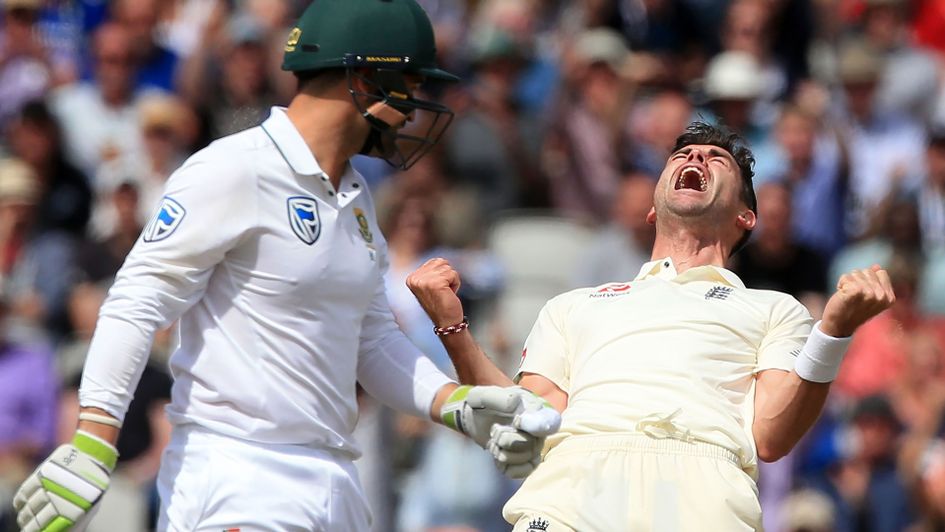 James Anderson shows his delight after dismissing Dean Elgar