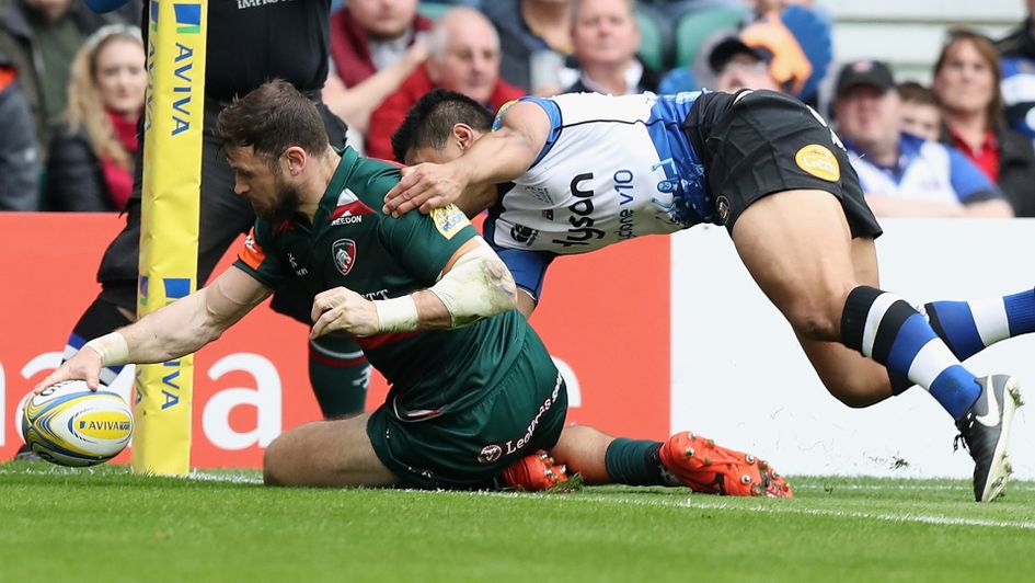 Adam Thompstone scores Leicester's first try against Bath