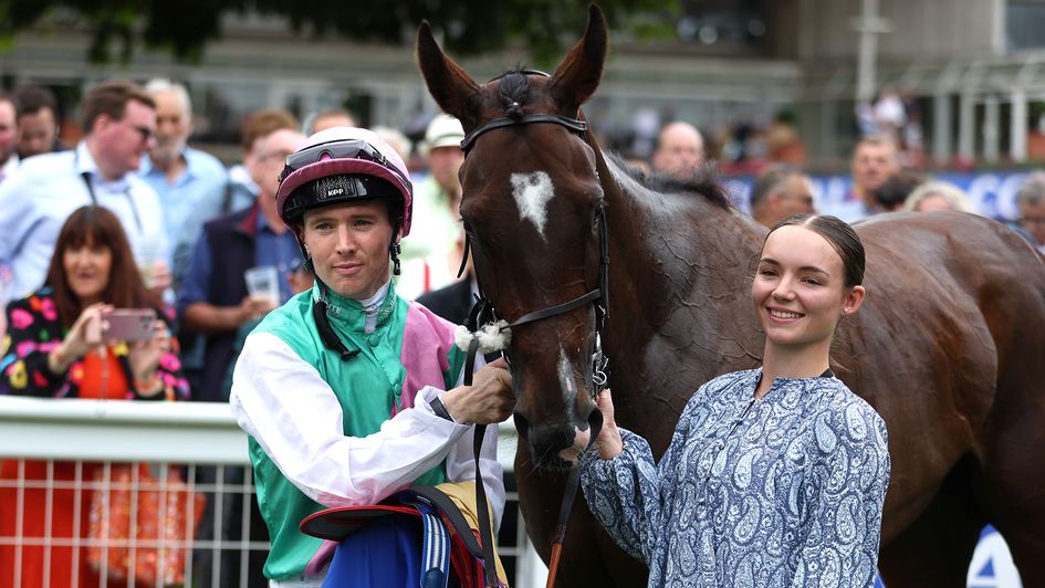 Colin Keane (left) after victory in the Coral Distaff with Blue Bolt