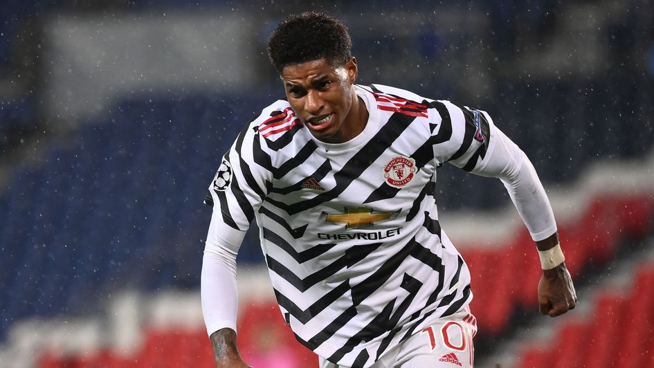 Marcus Rashford celebrates his winner for Manchester United against PSG