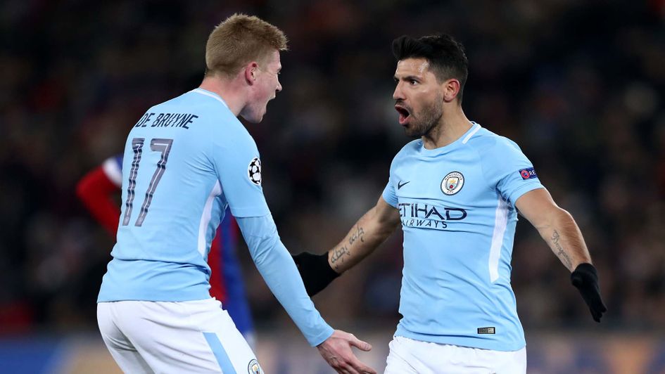 Sergio Aguero and Kevin De Bruyne celebrate a goal for Manchester City