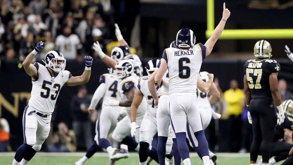 The LA Rams celebrate beating the New Orleans Saints to make the Super Bowl