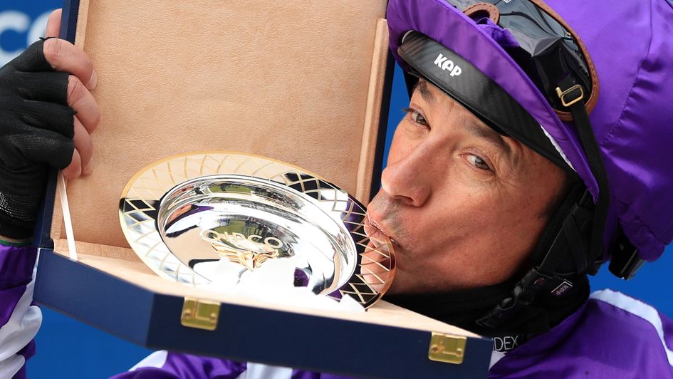 Frankie Dettori kisses the trophy after winning the Qipco 1000 Guineas Stakes on Mother Earth
