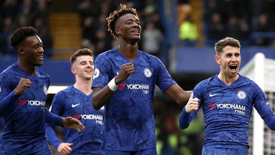 Chelsea's Jorginho celebrates with Callum Hudson-Odoi and Tammy Abraham
