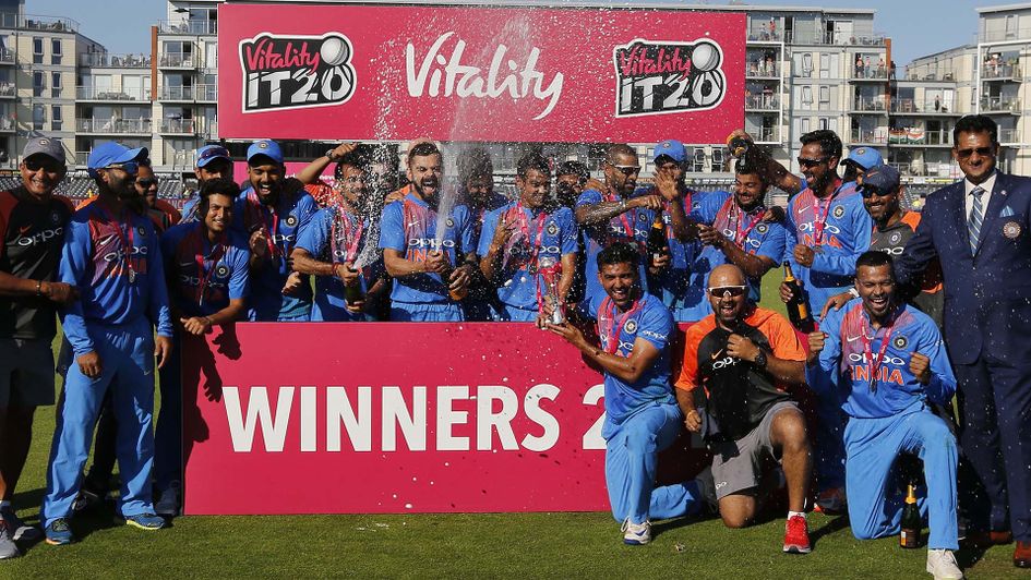 India celebrate winning their T20 series against England