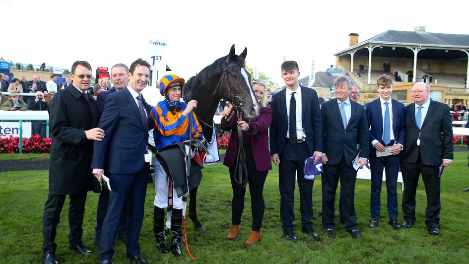 Aidan O'Brien with Auguste Rodin in the Doncaster winners' enclosure