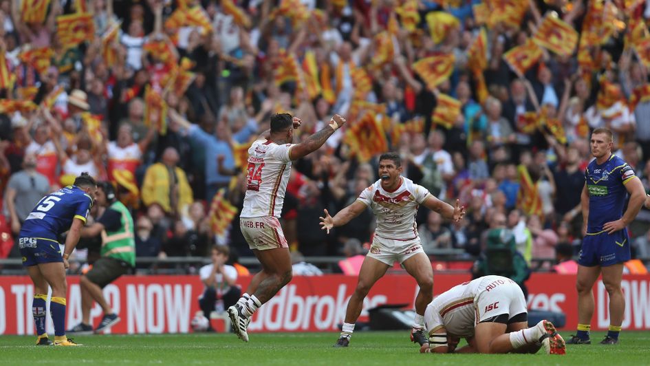 Kenny Edwards of Catalans Dragons and David Mead of Catalans Dragons celebrate their victory during the Ladbrokes Challenge Cup Final