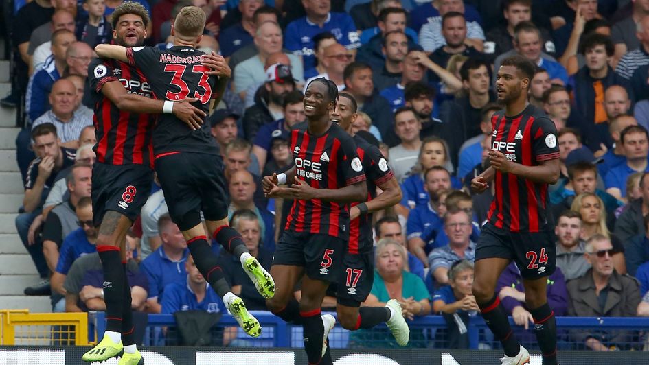 Huddersfield celebrate their goal at Everton