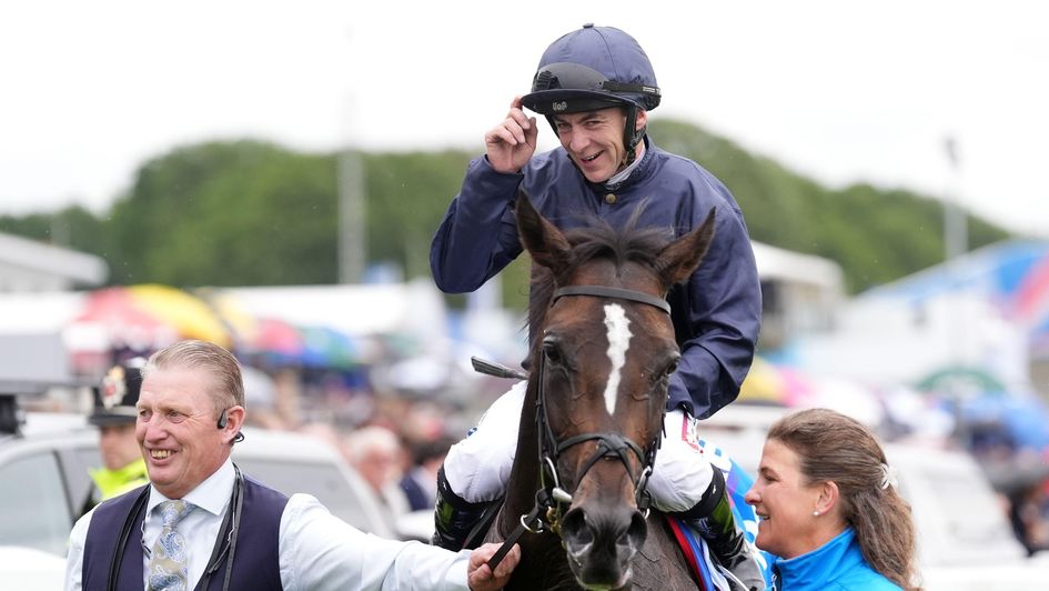 Wayne Lordan celebrates winning the Derby on Lambourn
