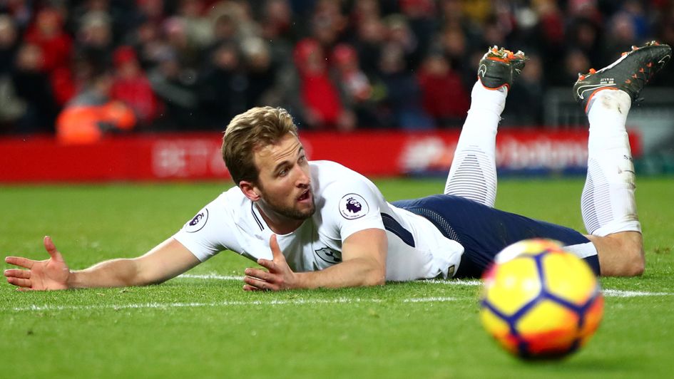 Harry Kane after being fouled for Tottenham's first penalty against Liverpool