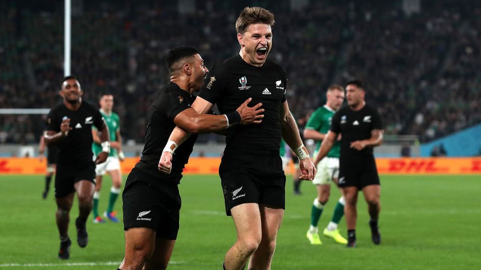 Beauden Barrett celebrates New Zealand's third first half try against Ireland in the Rugby World Cup quarter-final