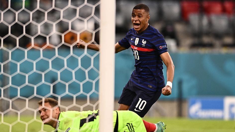 Kylian Mbappe celebrates France taking the lead against Germany