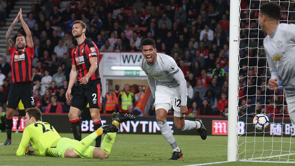 Chris Smalling celebrates his goal for Bournemouth against Manchester United