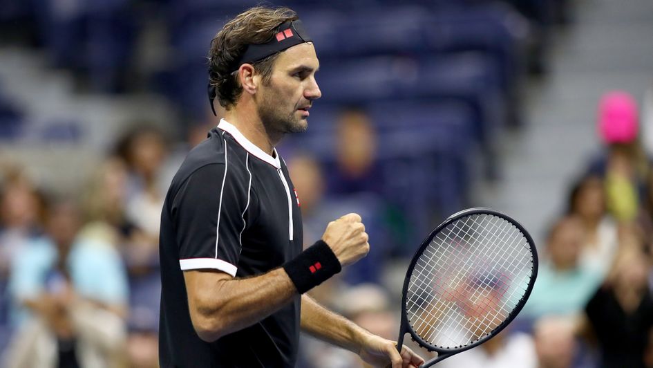 Roger Federer: Swiss star celebrates a point during his first round win over Sumit Nagal at the US Open