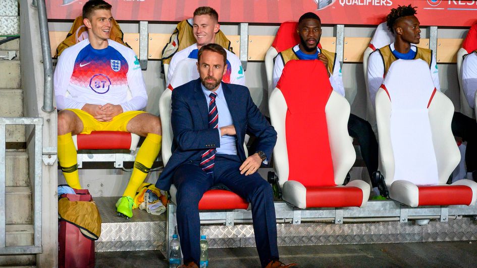 Gareth Southgate: England boss pictured in the dugout before the Euro 2020 qualifying defeat to Czech Republic