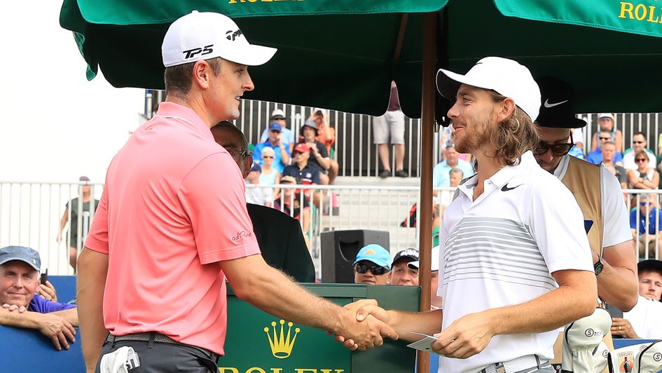 Justin Rose and Tommy Fleetwood shake hands before the opening round in Dubai