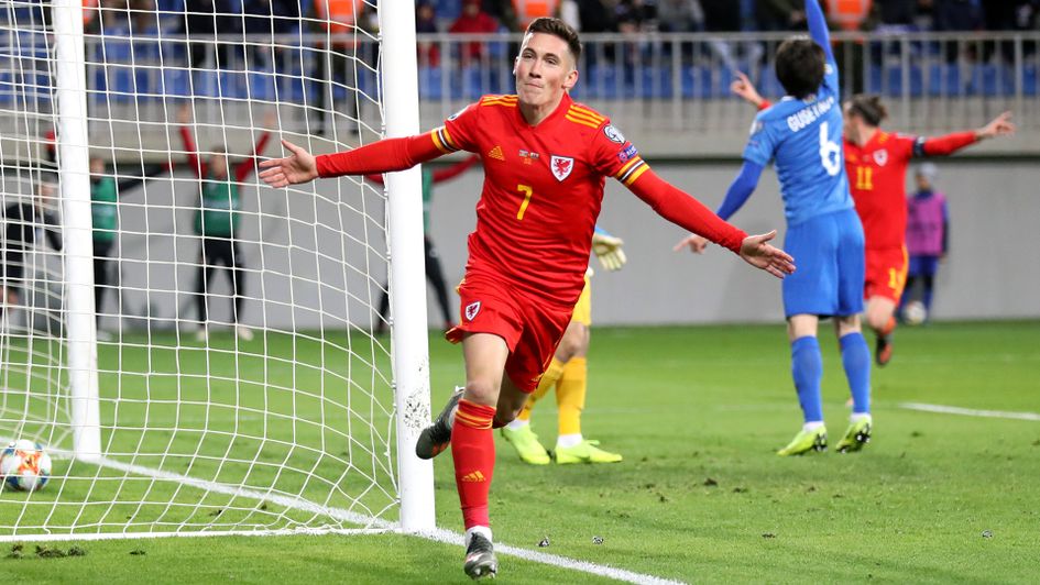 Harry Wilson celebrates his goal against Azerbaijan