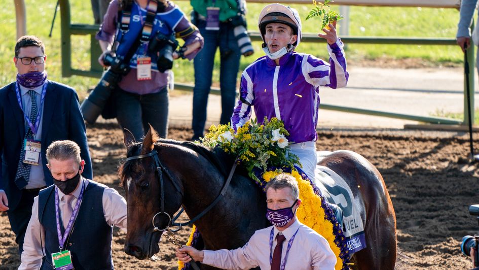 Pierre-Charles Boudot celebrates on Order Of Australia after the Breeders' Cup Mile