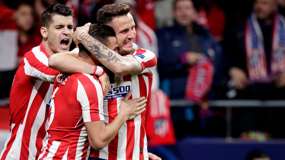Atletico Madrid celebrate Saul Niguez's goal against Liverpool in the last 16 of the Champions League