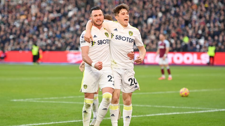 Jack Harrison (left): The Leeds winger celebrates his hat-trick at West Ham