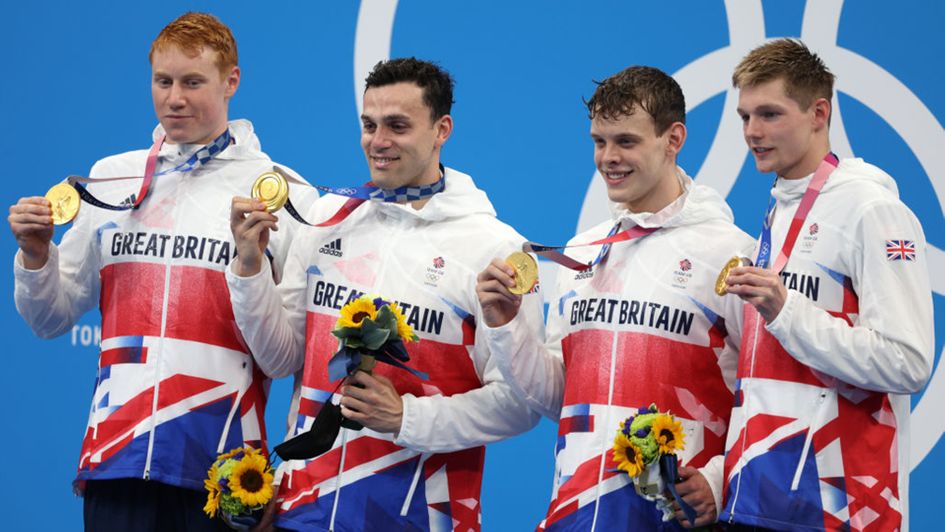 Team GB celebrate gold in the men’s 4×200 metres freestyle relay final