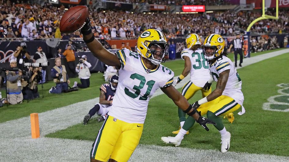 Adrian Amos of the Green Bay Packers celebrates against the Chicago Bears in the NFL