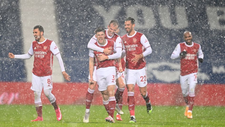 Arsenal celebrate Kieran Tierney's goal against West Brom