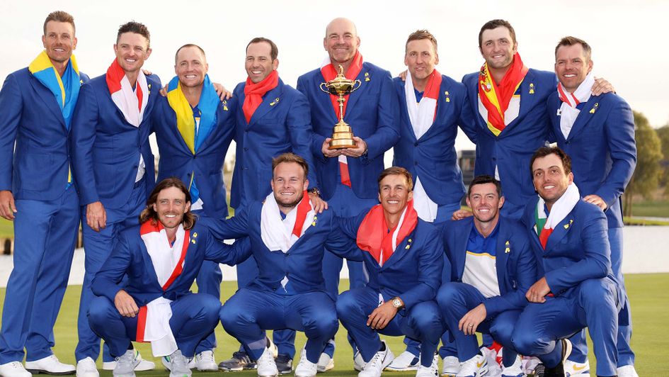 Thomas Bjorn and the European team celebrate with the Ryder Cup