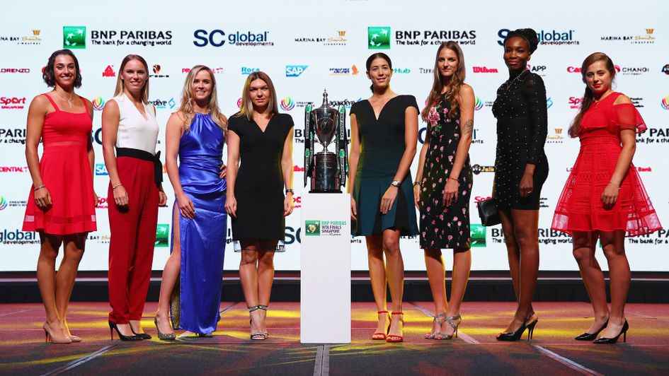The WTA Finals singles line-up, pictured at the draw ceremony