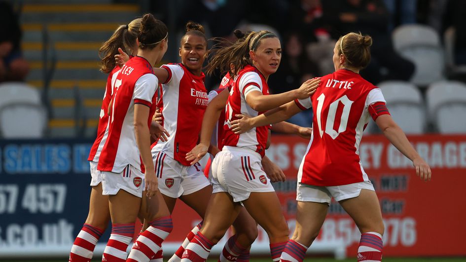 Arsenal Women celebrate scoring in the Champions League