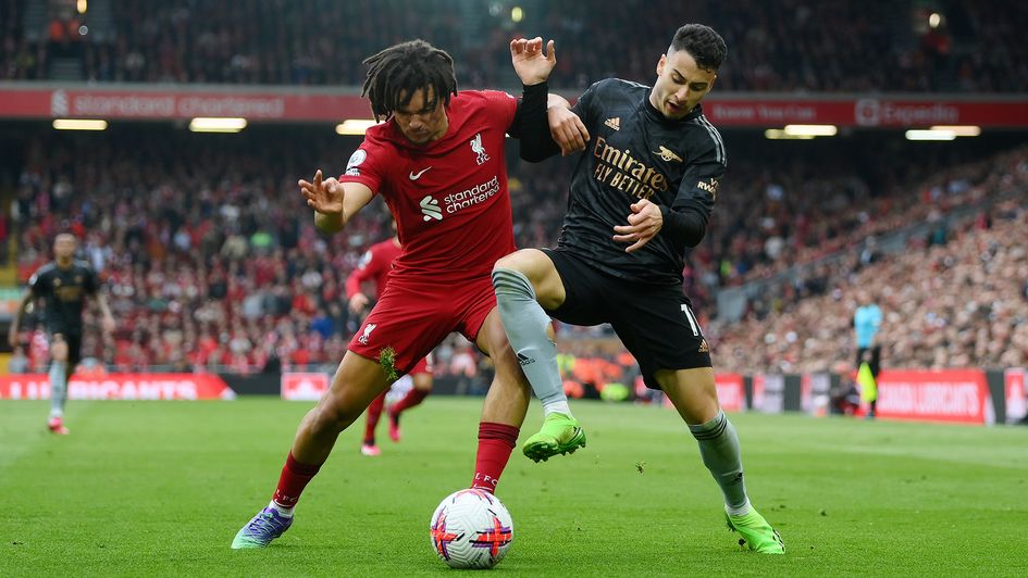 Trent Alexander-Arnold battles Gabriel Martinelli for the ball