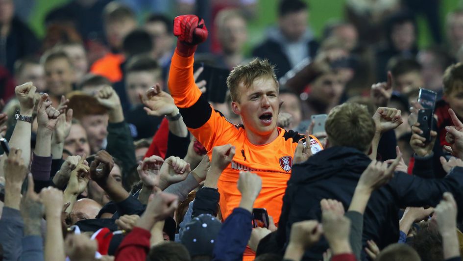 Rotherham goalkeeper Marek Rodak celebrates with supporters after their play-off semi-final win