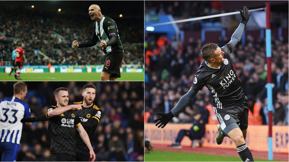 Goals for Jonjo Shelvey, Jamie Vardy and Diogo Jota (clockwise from top left) in the Premier League action on December 8, 2019