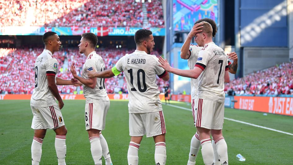 Belgium players celebrate Kevin de Bruyne's winning goal against Denmark